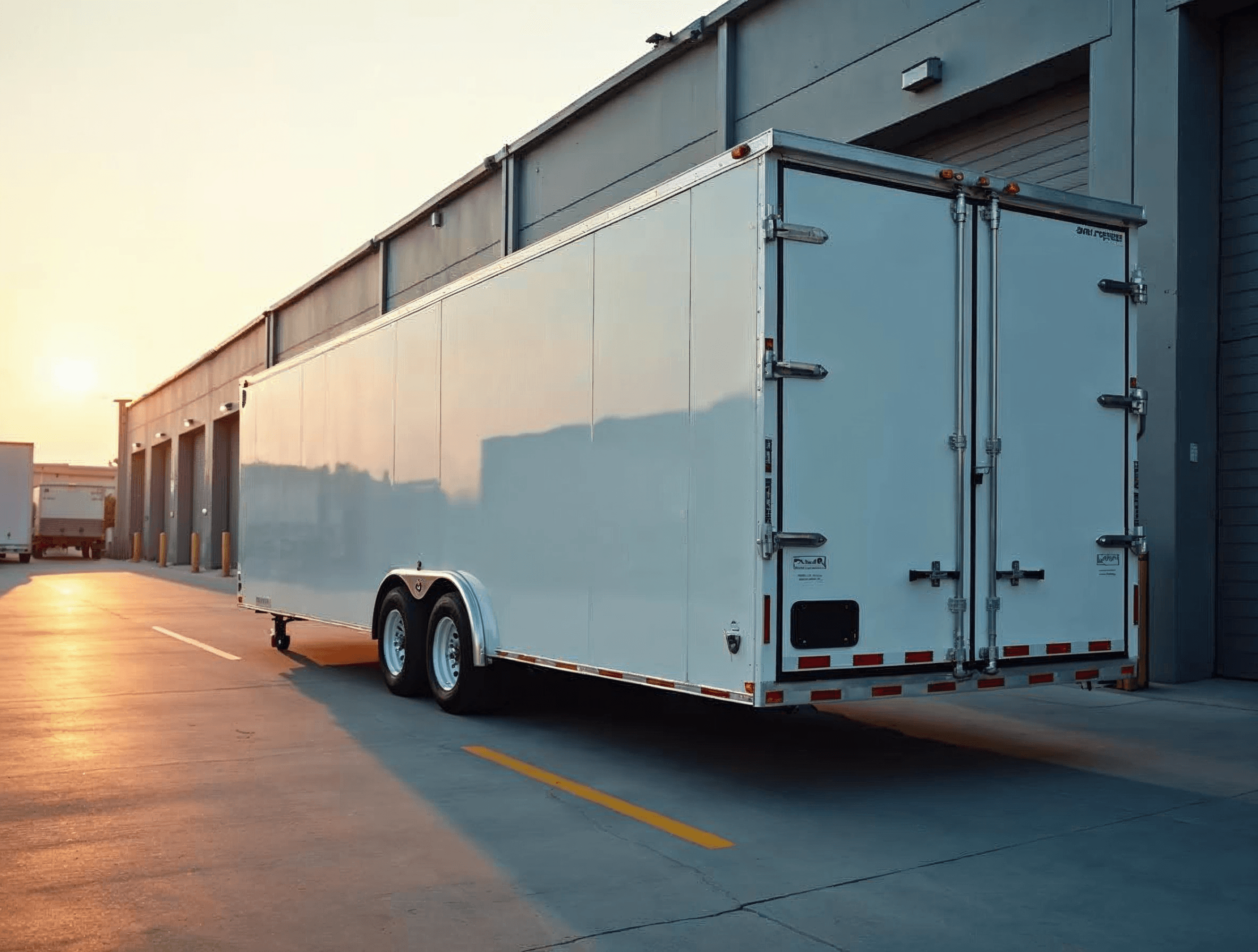 Fully enclosed auto transport trailer parked at a loading dock
