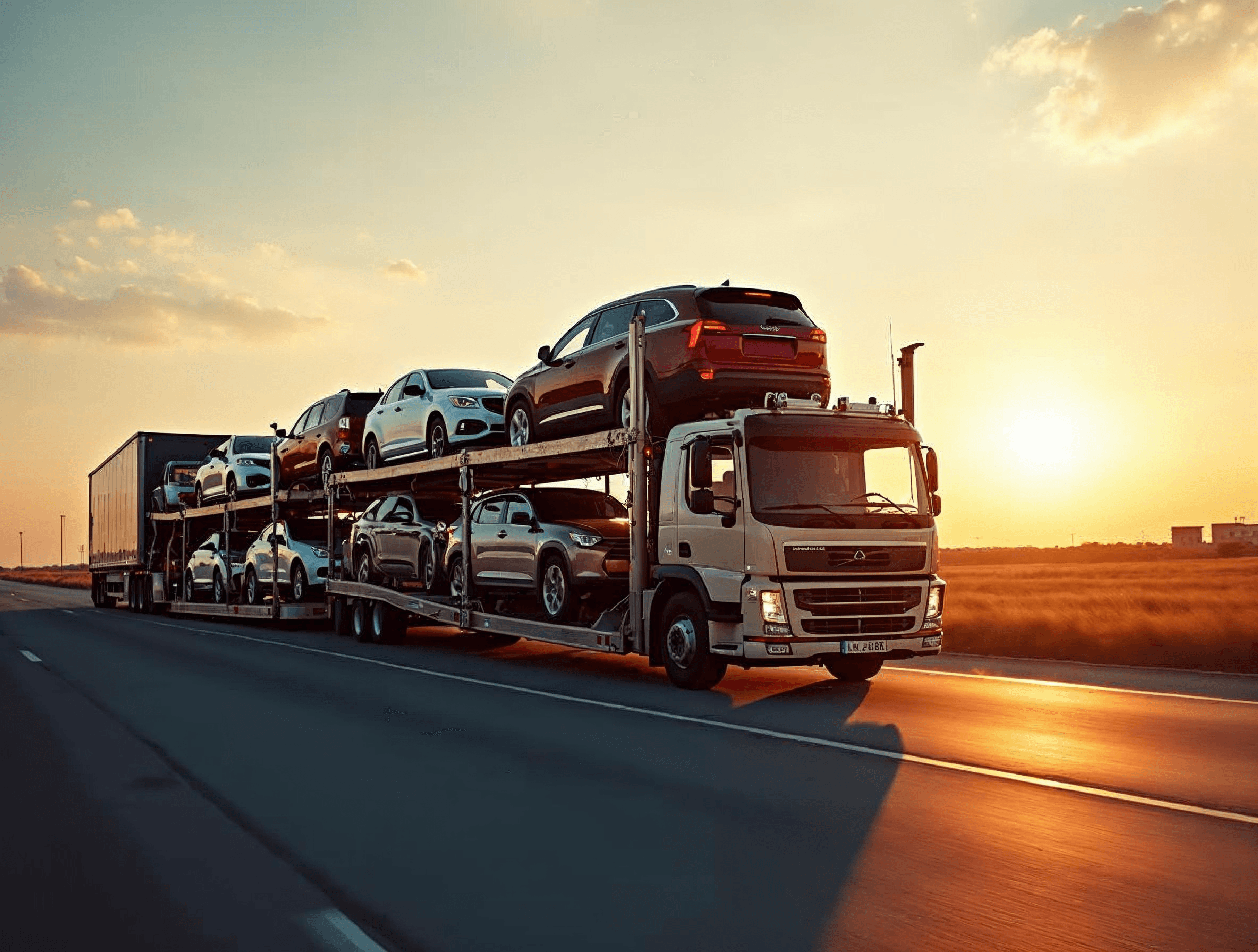 Open multi-car transport trailer loaded with vehicles on a highway